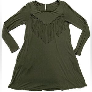 A06 Mittoshop Army Green Mini Dress Pockets Fringe Tunic Cowgirl Flowy Sz Small